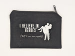 Black pouch with white text and design on a white background