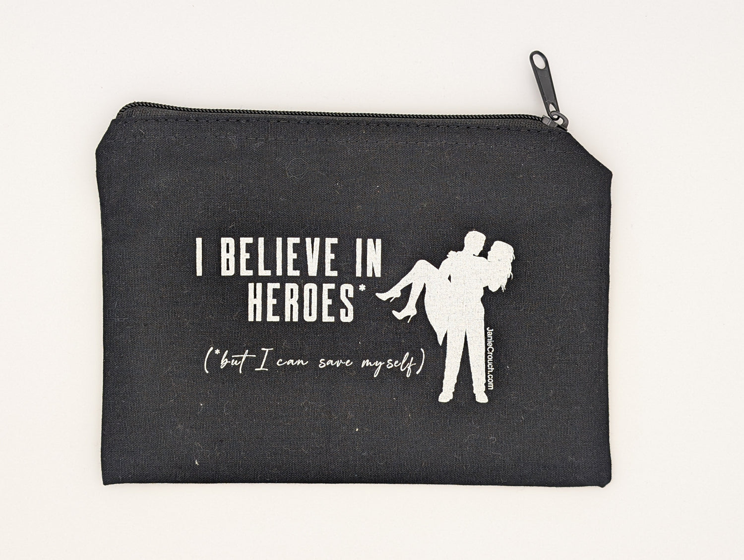 Black pouch with white text and design on a white background