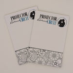 Two notepads with 'Protector Circle' text and logo in the header position and a floral and paisley coloring section in the footer on a white background.