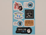 Collection of various stickers on a blue background